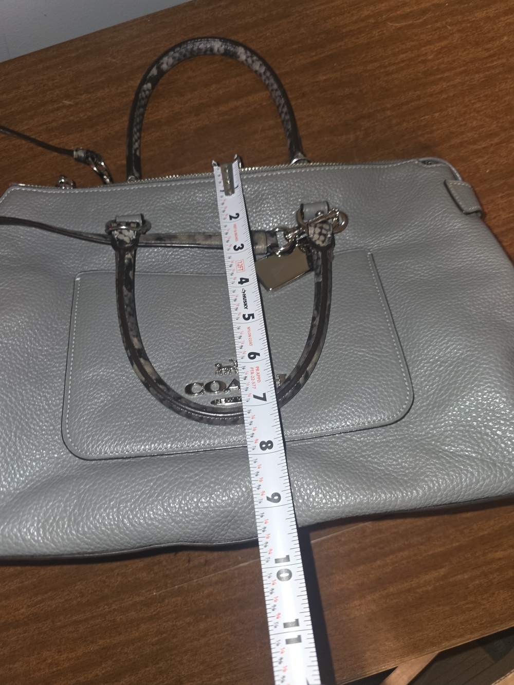 Coach Emma Satchel handbag in grey leather - snakeskin python handle and strap - Picture 9 of 10